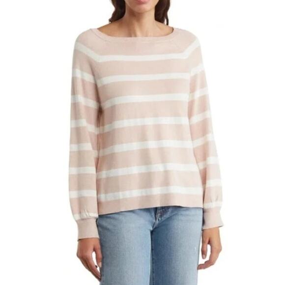 Adrianna Papell Sweater Striped 3/4 Sleeve Scoop Neck T-Shirt Tan & White NWOT L - Picture 1 of 7